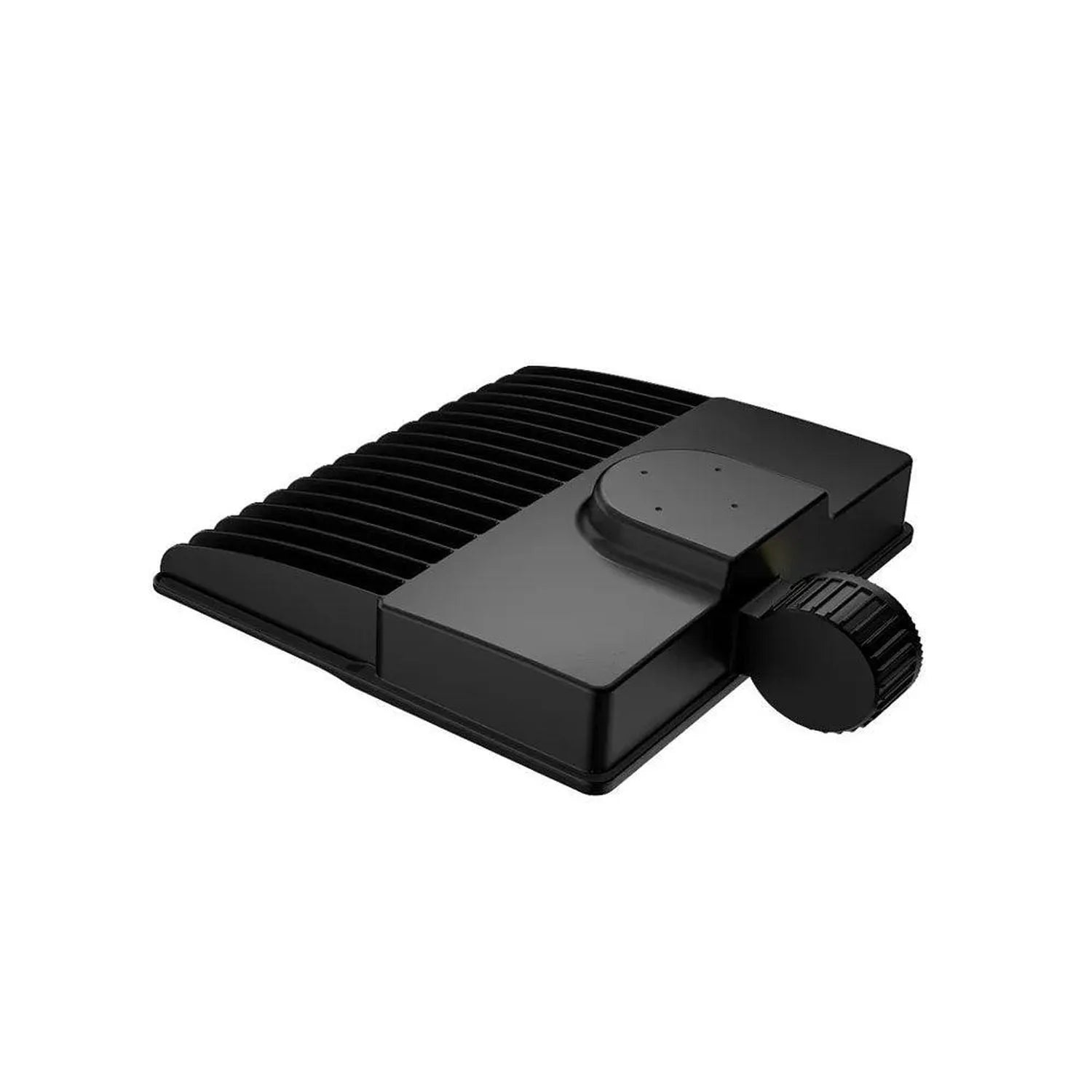 Black LED street light with ribbed heat sink, flat mounting plate, and rotatable bracket, shown against white background.