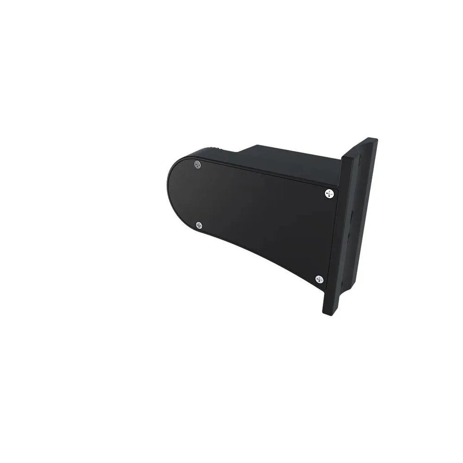 Black LED street light fixture with mounting bracket, angled view against white background.