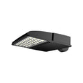 Black rectangular LED street light with angled light panel and ventilation fins, mounted fixture shown against white backgrou