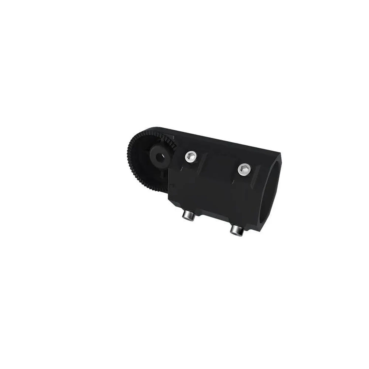 Black cylindrical LED street light fixture with adjustment knob and mounting brackets, shown on white background.
