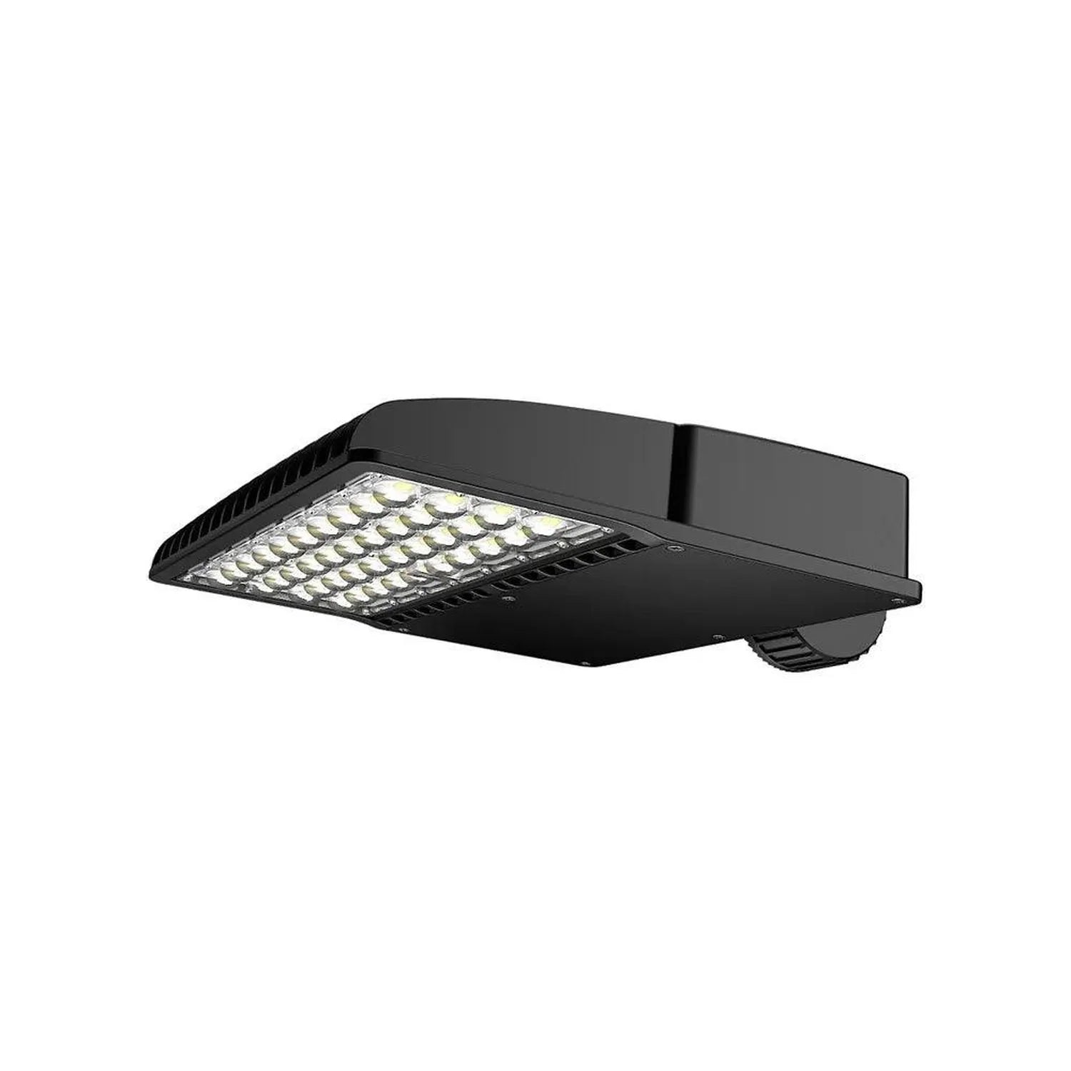 Black rectangular LED street light with multiple illuminated diodes on angled panel, mounted fixture shown against white back