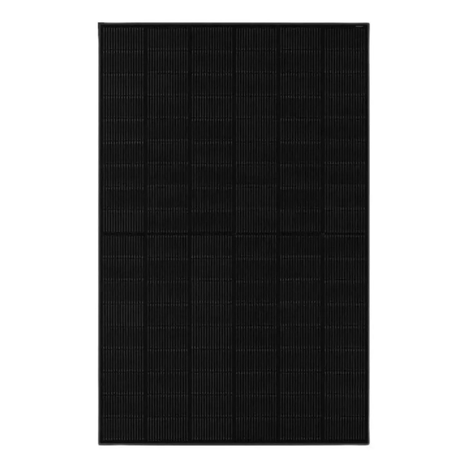 All-black N-type bifacial solar panel with vertical ribbed texture and horizontal division line, front view product shot.