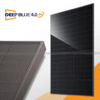 Deep Blue 4.0 Pro all-black bifacial solar panel shown at angle with detail of frame and cell structure visible.