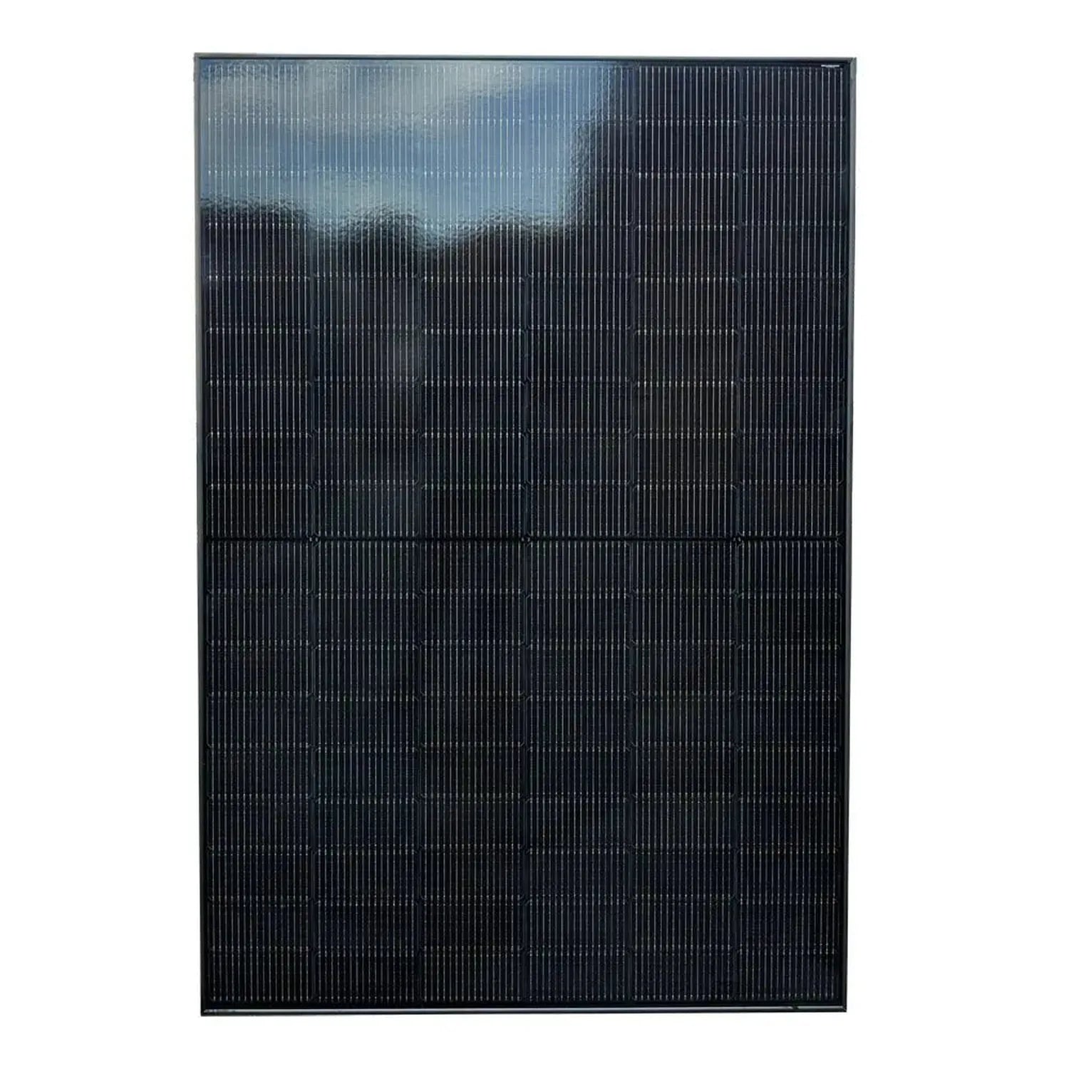 All-black bifacial solar panel with vertical ribbed texture, showing mountain landscape reflected in upper portion, product a