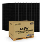 Pallet of 10 JA Solar 465W full black double glass solar panels with product box displayed in front.