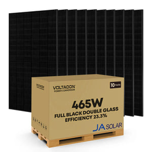 Pallet of 10 JA Solar 465W full black double glass solar panels with product box displayed in front.