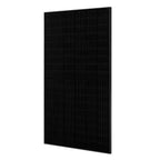 Black monocrystalline solar panel shown at an angle against white background, displaying full grid of photovoltaic cells.