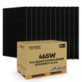 Voltacon 465W full black double glass solar panels, 12-pack box on wooden pallet with panels displayed behind.