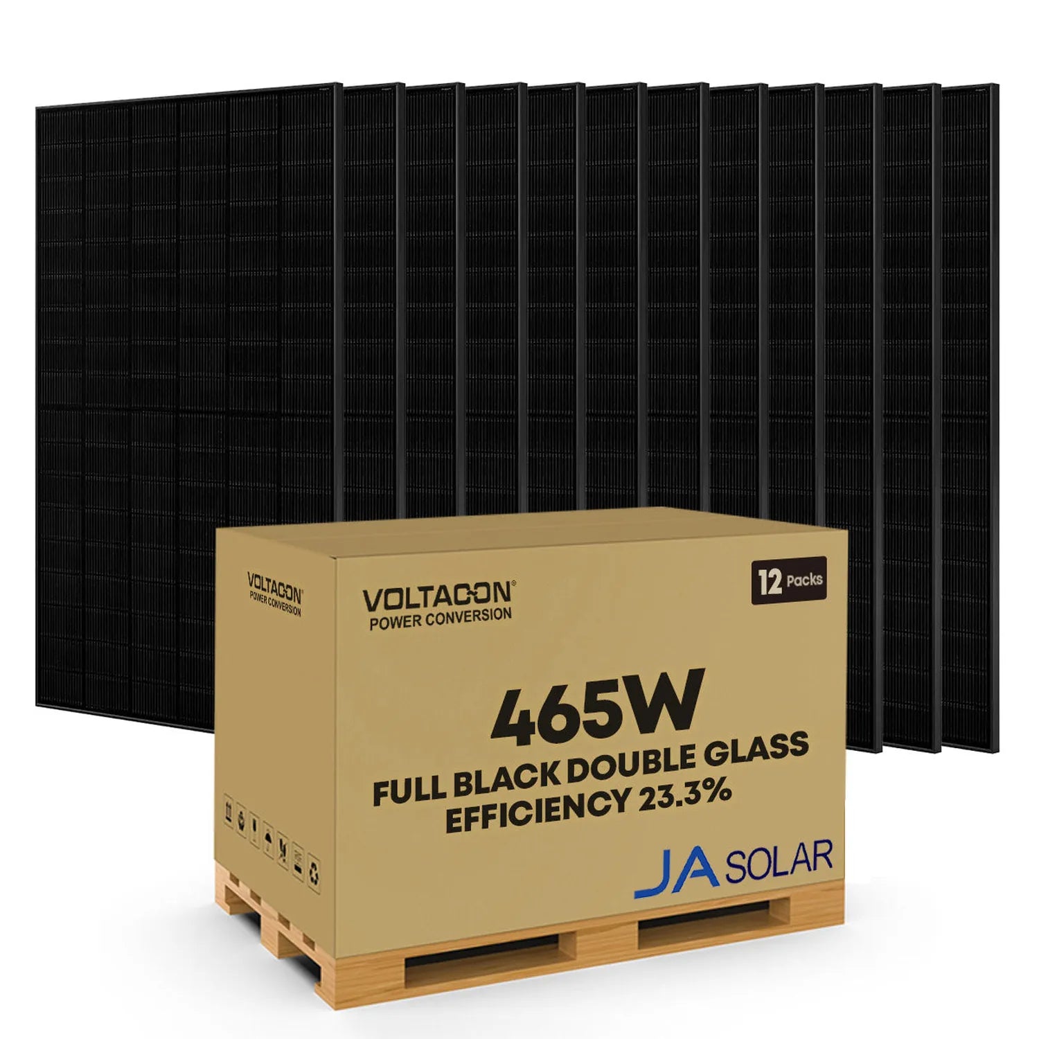 Voltacon 465W full black double glass solar panels, 12-pack box on wooden pallet with panels displayed behind.