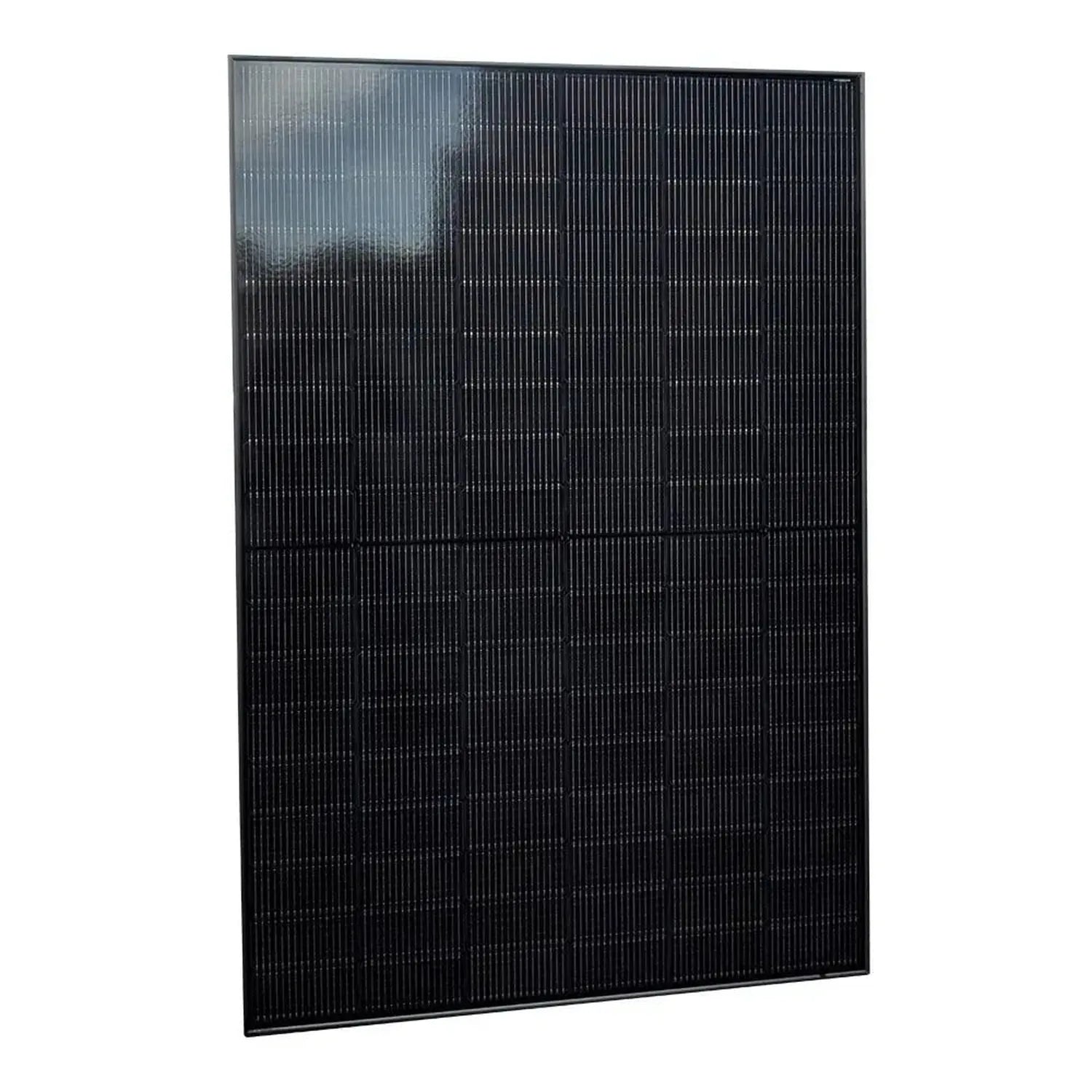 Black solar panel with vertical ribbed texture and partial sky reflection visible in upper left corner.