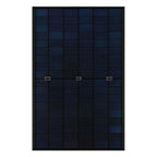 Full black solar panel with grid of photovoltaic cells and three mounting brackets, front view.