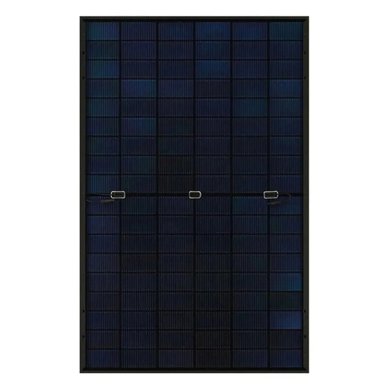 Full black solar panel with grid of photovoltaic cells and three mounting brackets, front view.