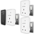 UNI-COM wireless remote control socket system with black remote control and three white plug-in receiver sockets with wall sw