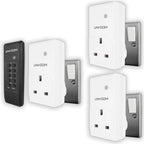 UNI-COM wireless remote control socket system with black remote control and three white plug-in receiver sockets with wall sw
