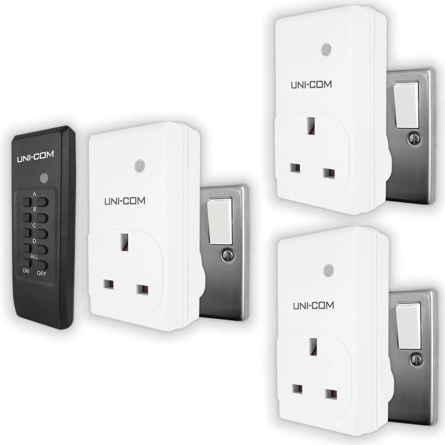 UNI-COM wireless remote control socket system with black remote control and three white plug-in receiver sockets with wall sw