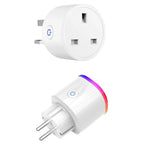 Two white smart plugs with blue power icons and colored LED rings, shown in UK and EU socket versions.