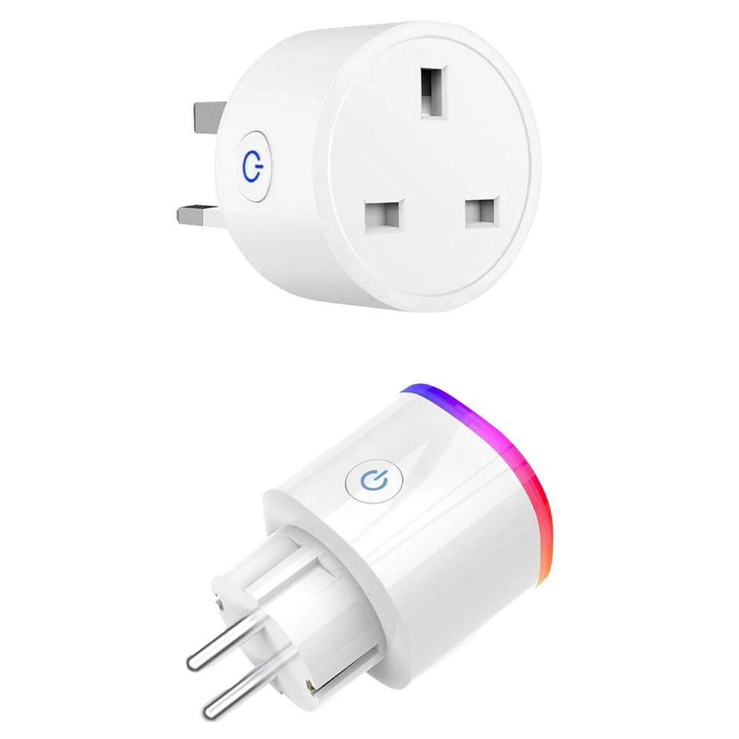 Two white smart plugs with blue power icons and colored LED rings, shown in UK and EU socket versions.