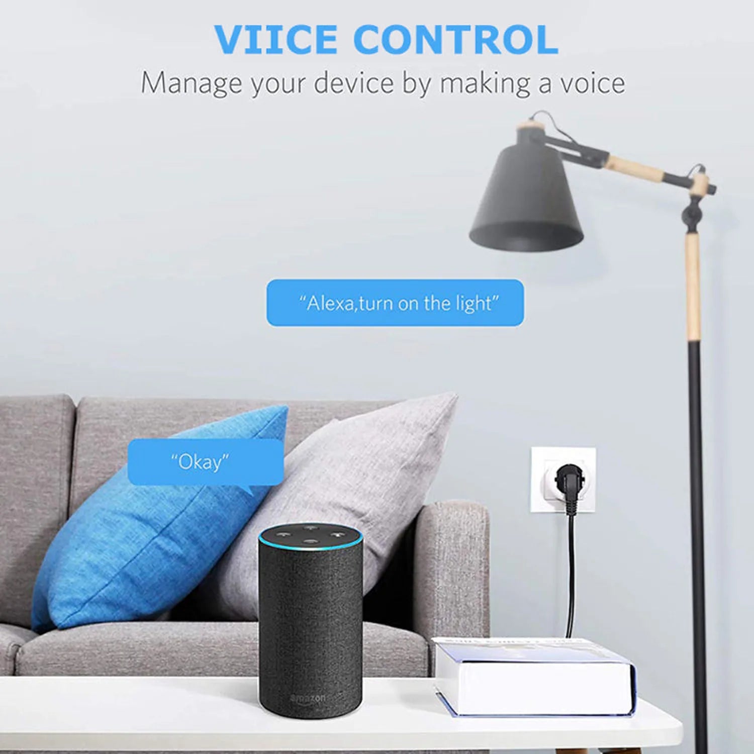 Smart WiFi plug displayed in living room scene with Alexa speaker, showing voice control demonstration for controlling lamp.