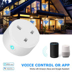 White smart WiFi plug with three outlets shown next to Amazon Alexa and Google Home devices, demonstrating voice control comp