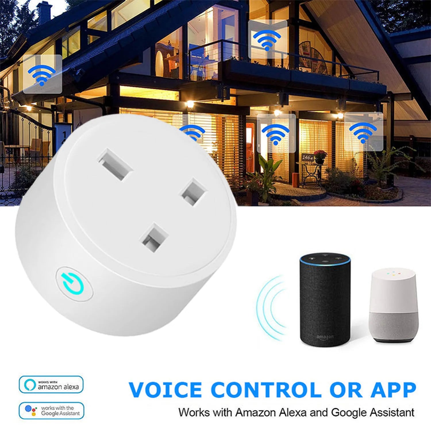 White smart WiFi plug with three outlets shown next to Amazon Alexa and Google Home devices, demonstrating voice control comp