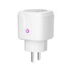 White smart plug with magenta power button, two metal prongs, cylindrical design for UK or EU outlets.