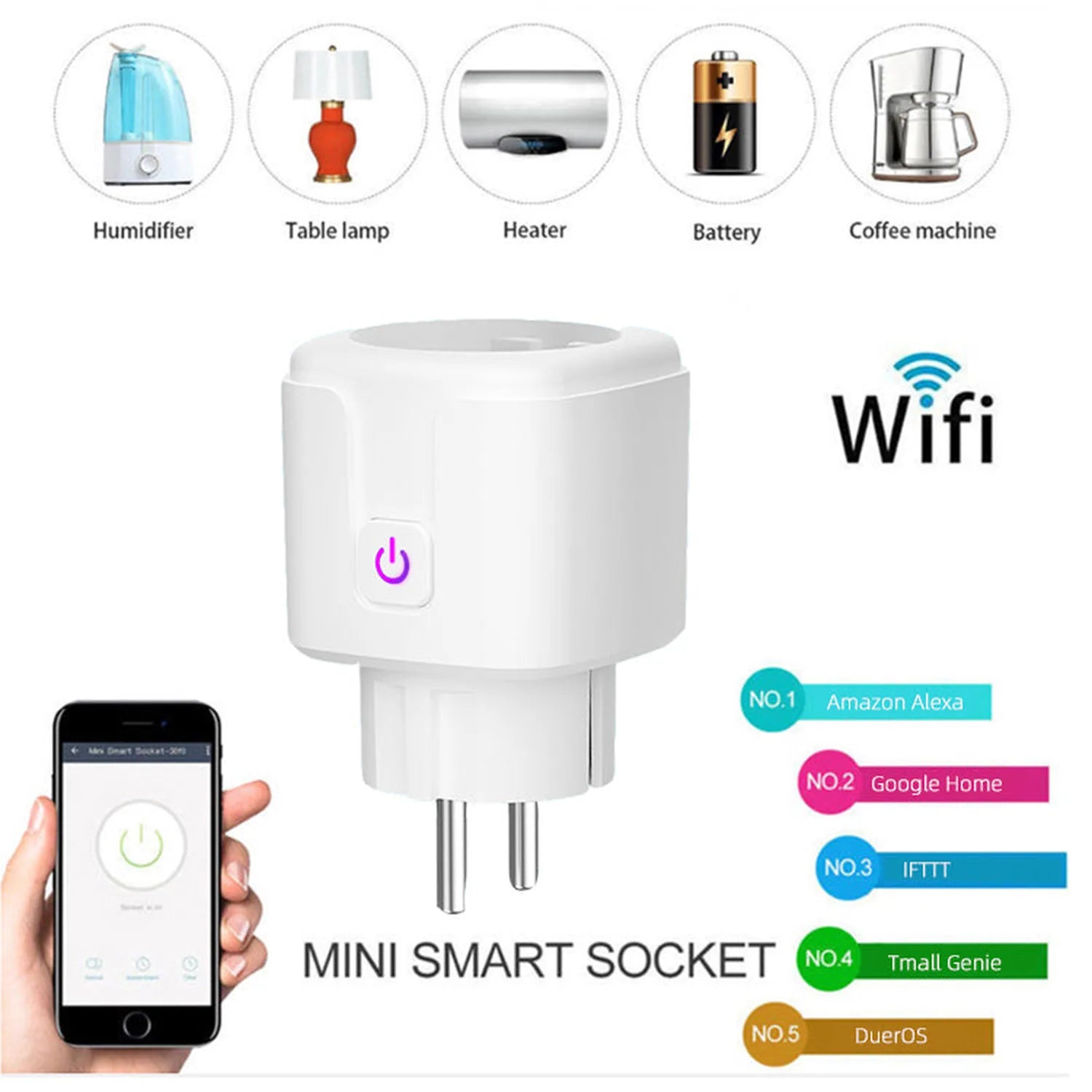 White mini smart socket with power button, shown with smartphone app control interface and compatible platforms including Ama