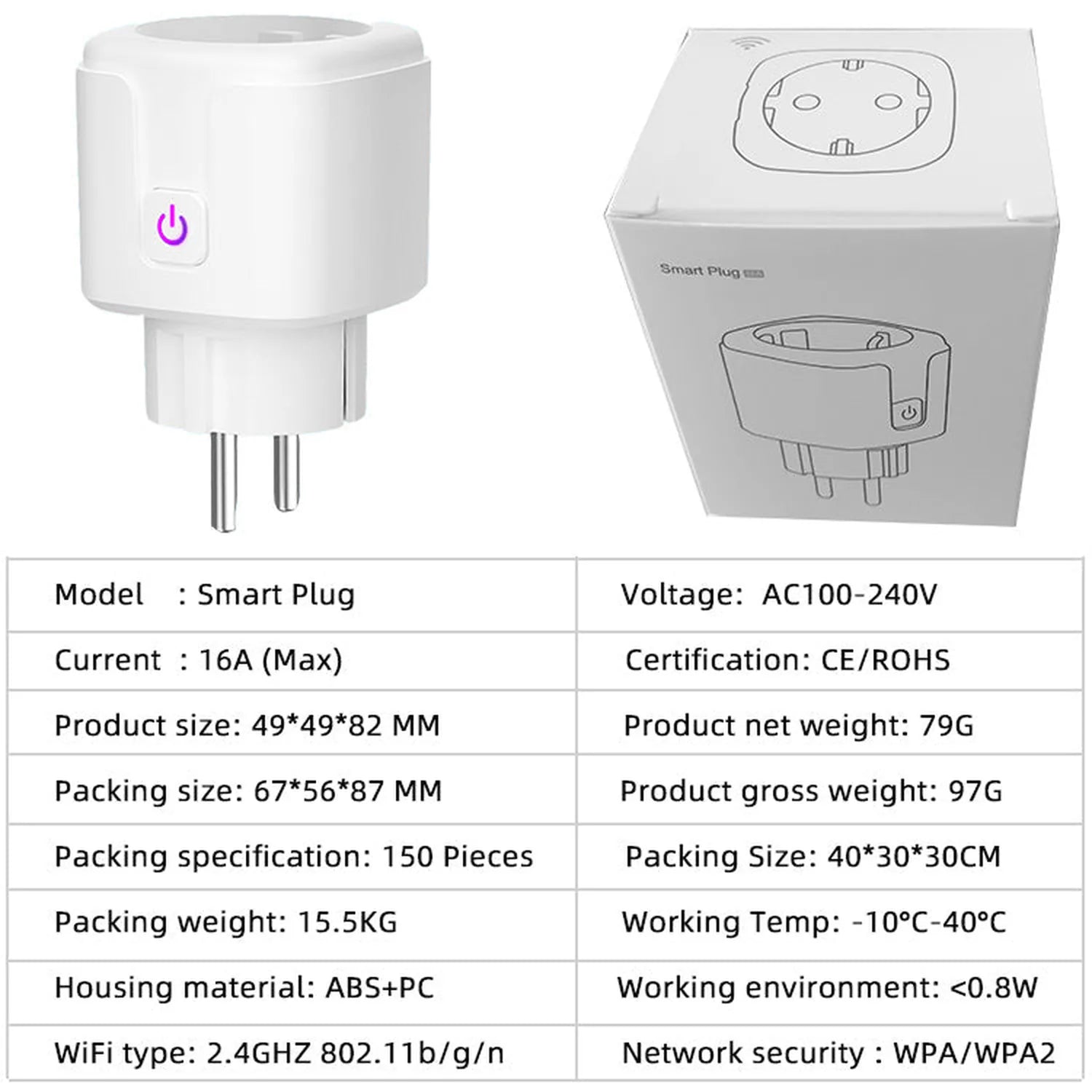 White smart plug with power button shown next to product packaging and specifications table.