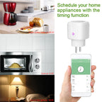 White smart plug with purple power button displayed next to smartphone app showing scheduling timers for appliances throughou