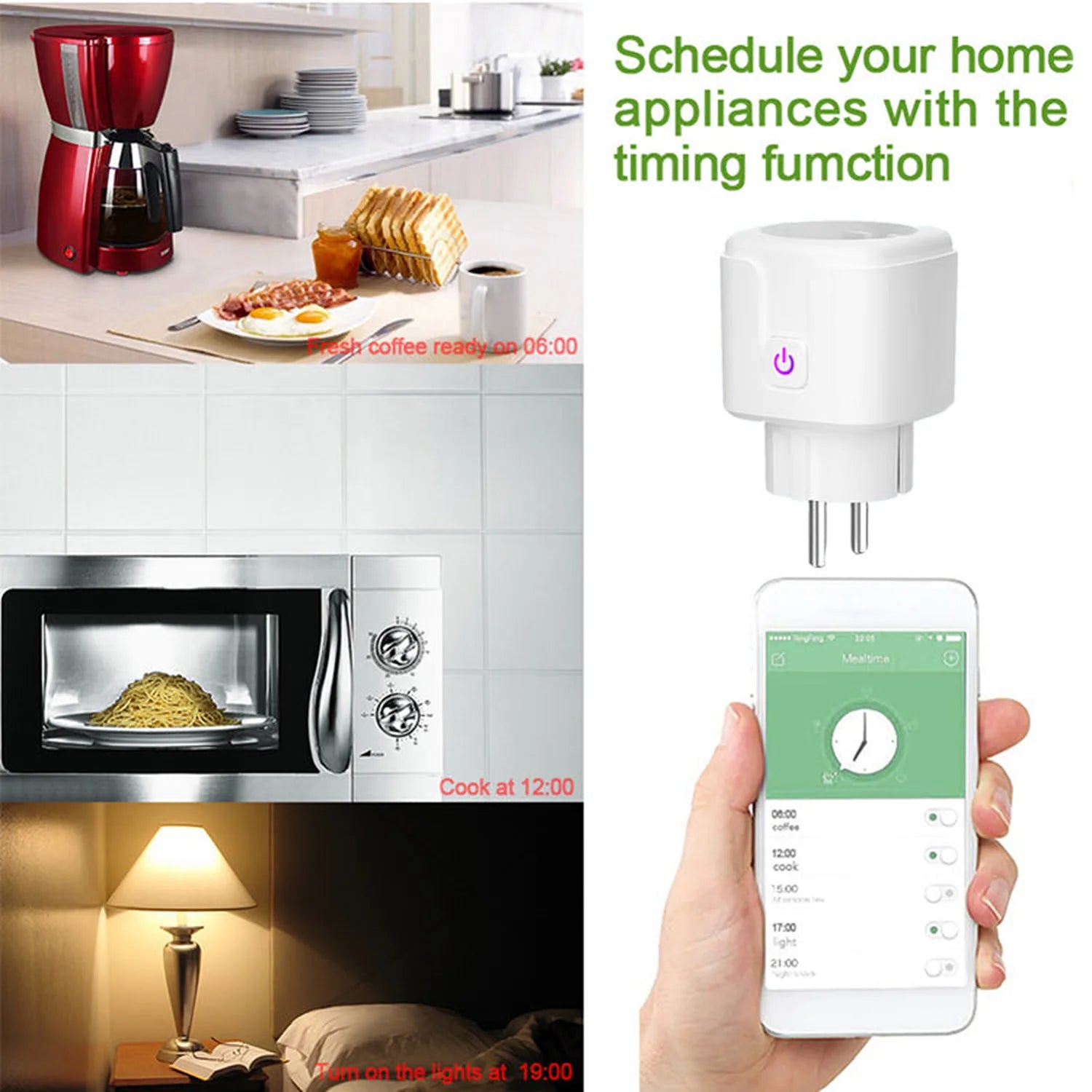 White smart plug with purple power button displayed next to smartphone app showing scheduling timers for appliances throughou