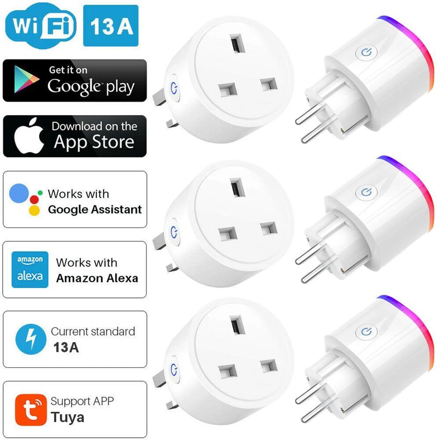 Three white smart WiFi plugs with colorful LED rings and power buttons, displayed with app store badges and compatibility ico