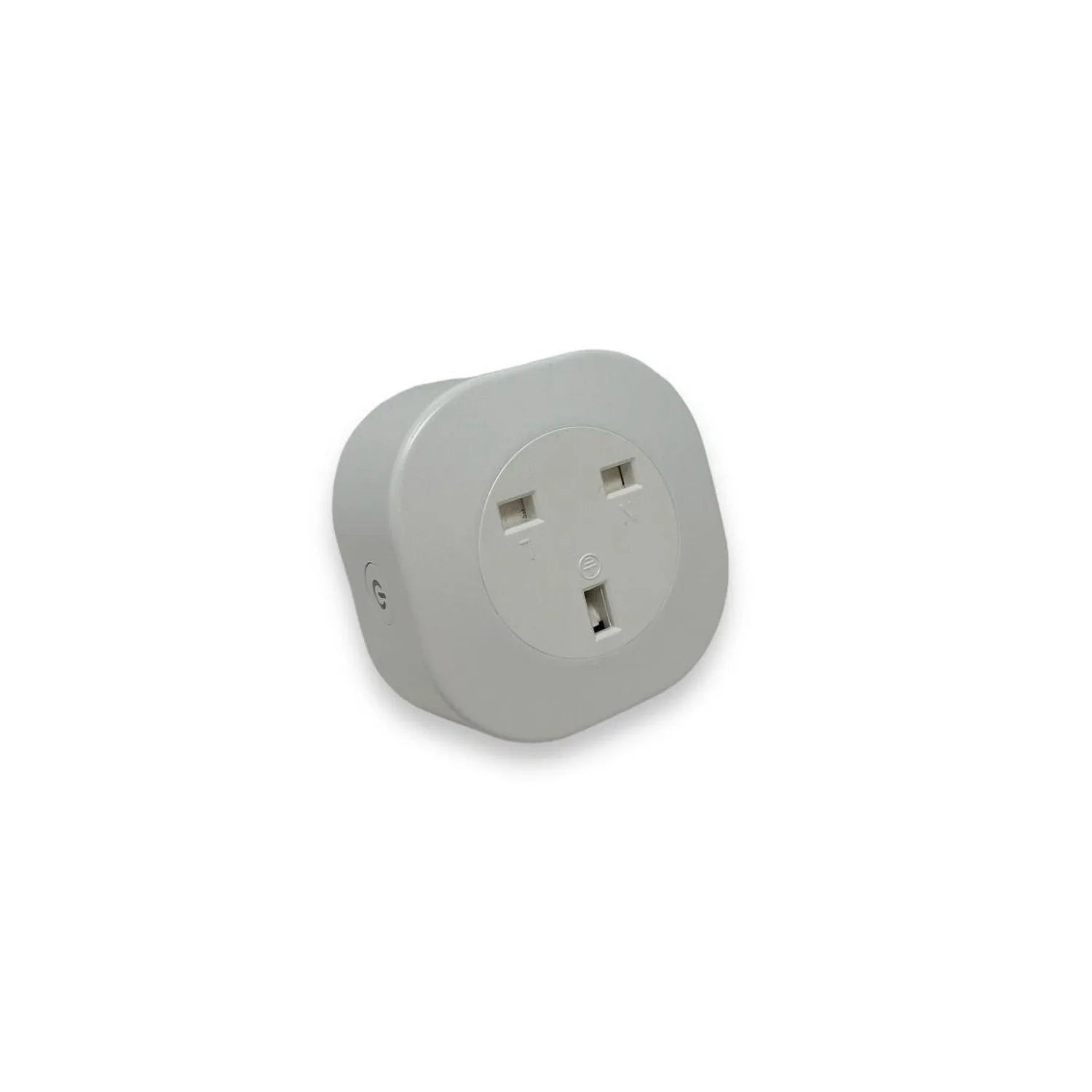 White rounded smart plug with three rectangular outlet holes and power indicator light, angled view on white background.