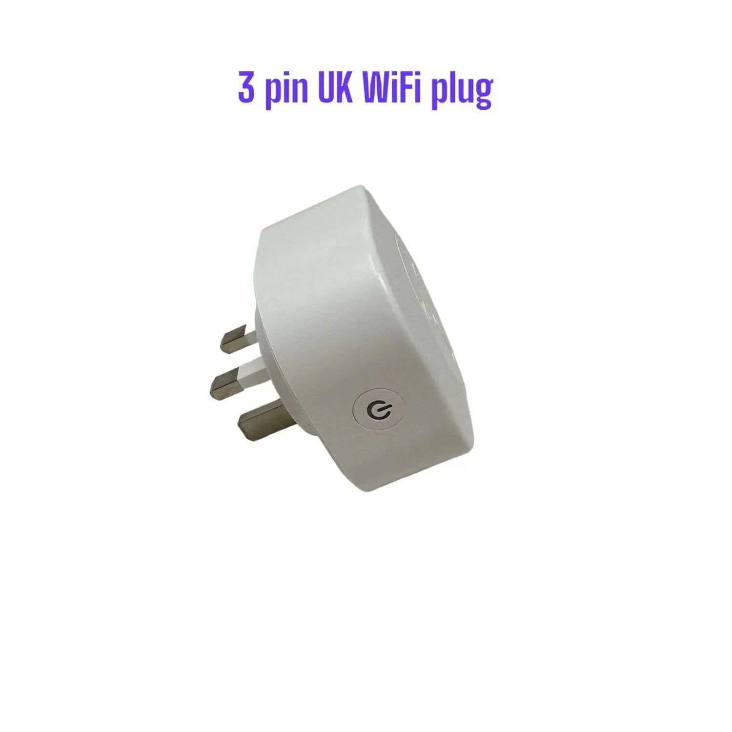 White cylindrical smart WiFi plug with power button and three rectangular metal pins for UK sockets, angled view.