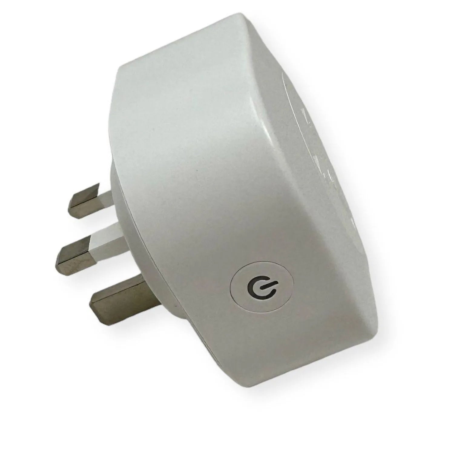 White smart plug with power icon, three-prong UK/EU outlet configuration, angled product shot on white background.