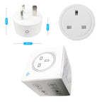 Four views of white smart plug with dimensions: cylindrical UK plug 58mm wide and 56mm tall, circular UK socket outlet, and p