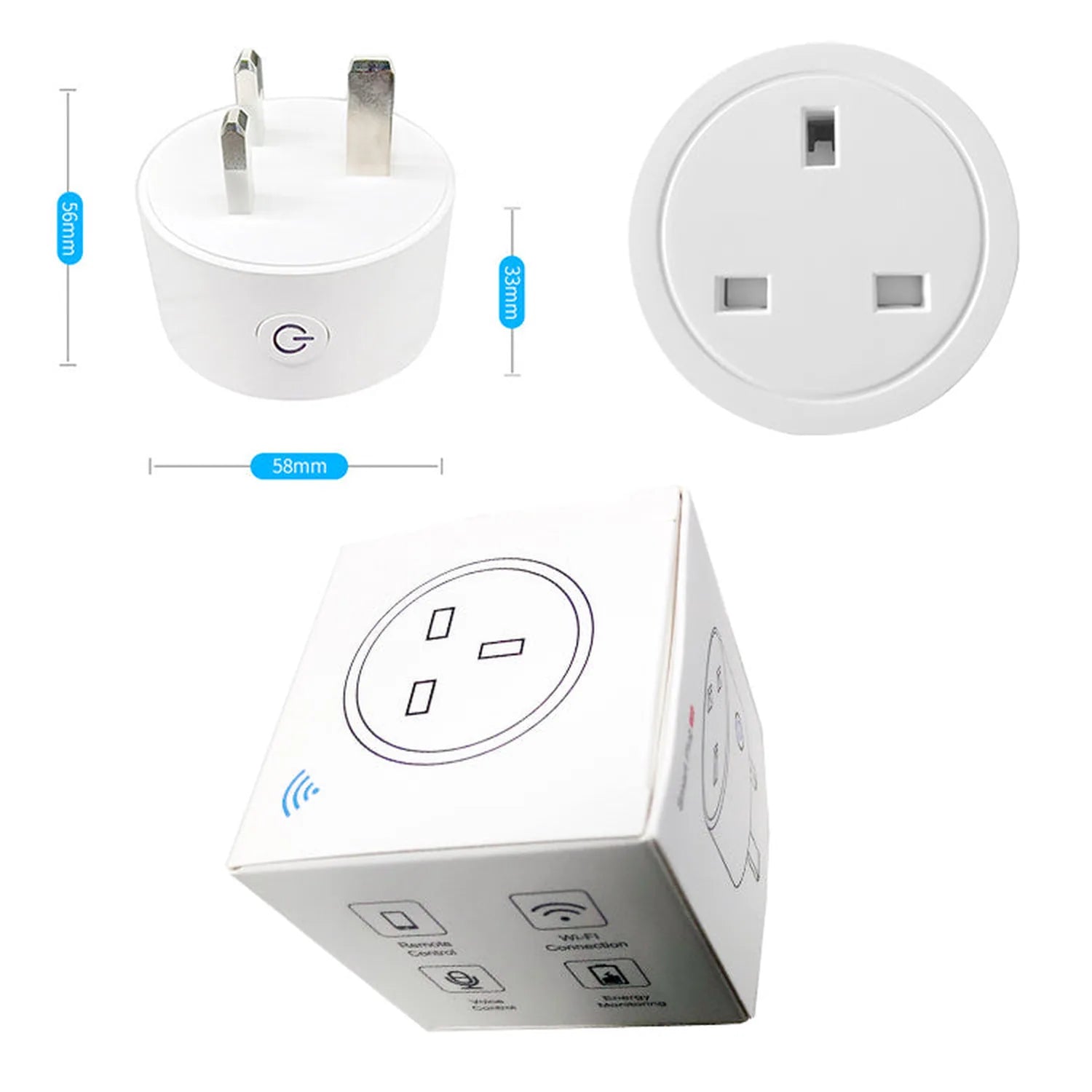 Four views of white smart plug with dimensions: cylindrical UK plug 58mm wide and 56mm tall, circular UK socket outlet, and p