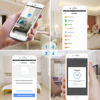 Smart home app setup guide showing four steps: app interface, device list, pairing instructions, and connection progress scre