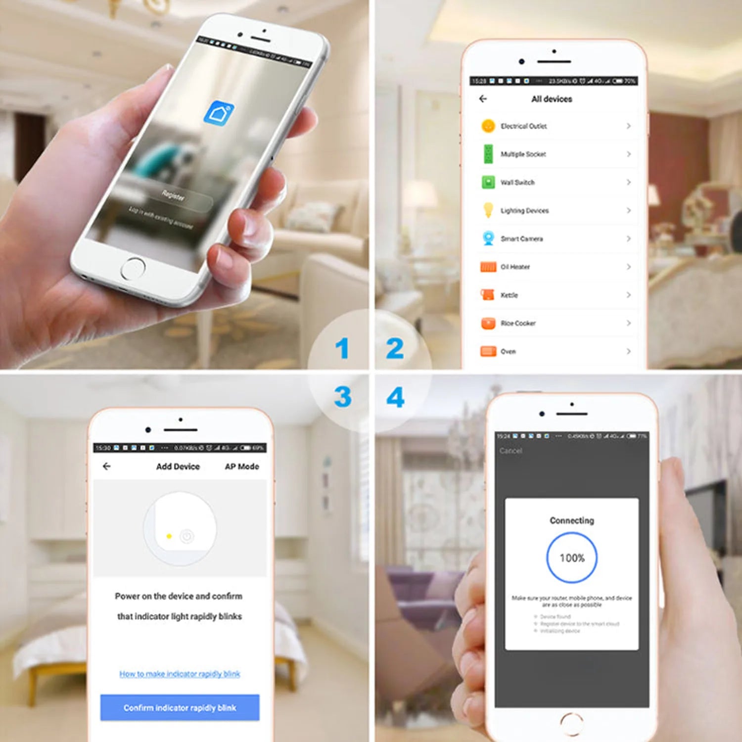 Smart home app setup guide showing four steps: app interface, device list, pairing instructions, and connection progress scre