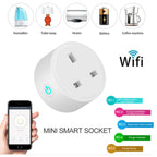 White mini smart socket with power button, three outlets, and WiFi icon, displayed with smartphone app control interface and 