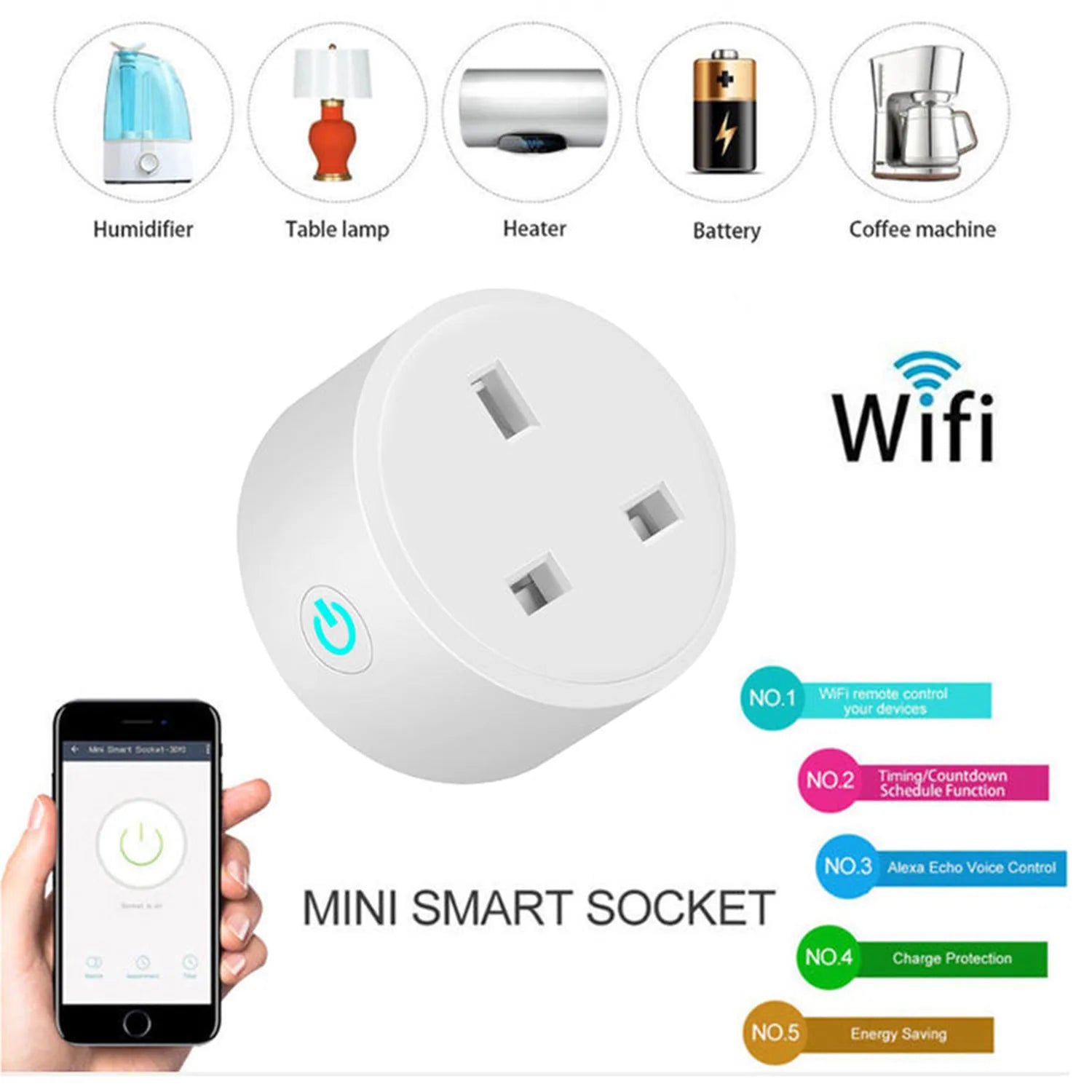 White mini smart socket with power button, three outlets, and WiFi icon, displayed with smartphone app control interface and 