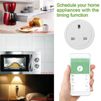 Smart WiFi plug with scheduling app on smartphone, showing timed controls for coffee maker, microwave, lamp, and other applia