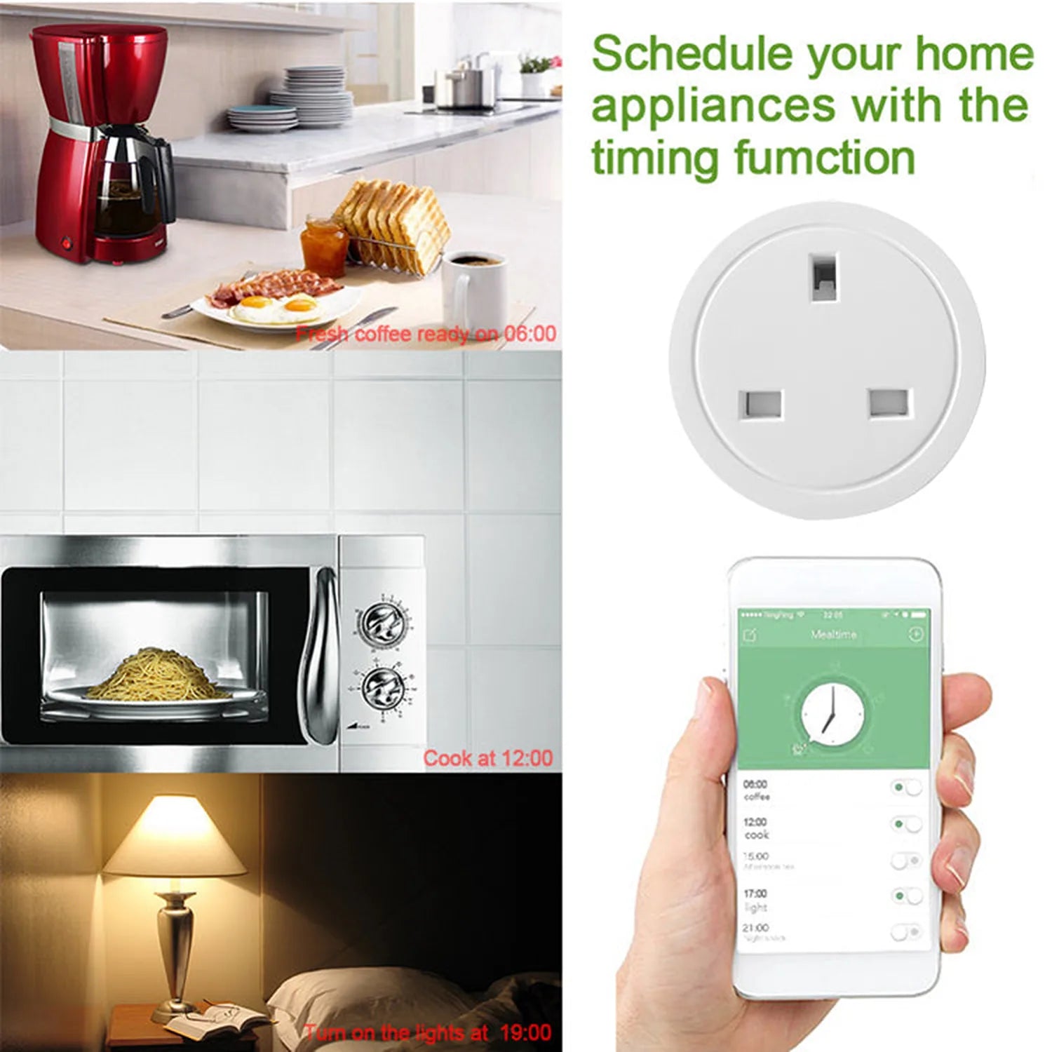 Smart WiFi plug with scheduling app on smartphone, showing timed controls for coffee maker, microwave, lamp, and other applia