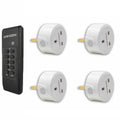 UNI-COM remote control kit with black transmitter and four white plug-in receiver sockets arranged in grid layout.