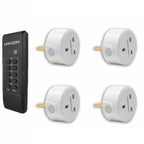 UNI-COM remote control kit with black transmitter and four white plug-in receiver sockets arranged in grid layout.