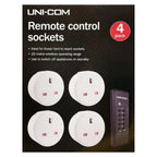 UNI-COM remote control sockets 4-pack with wireless remote. Product packaging showing four white circular sockets and dark re