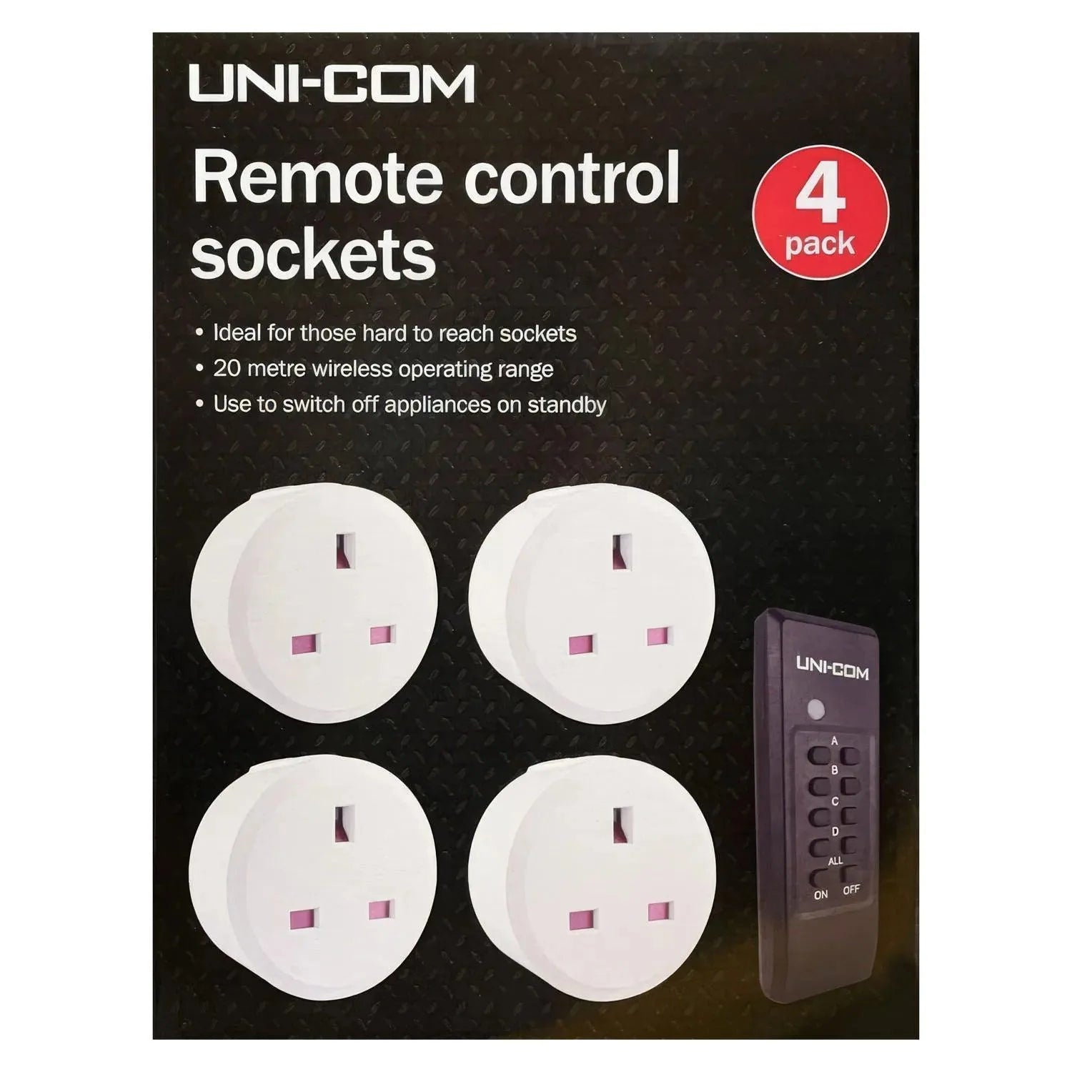UNI-COM remote control sockets 4-pack with wireless remote. Product packaging showing four white circular sockets and dark re