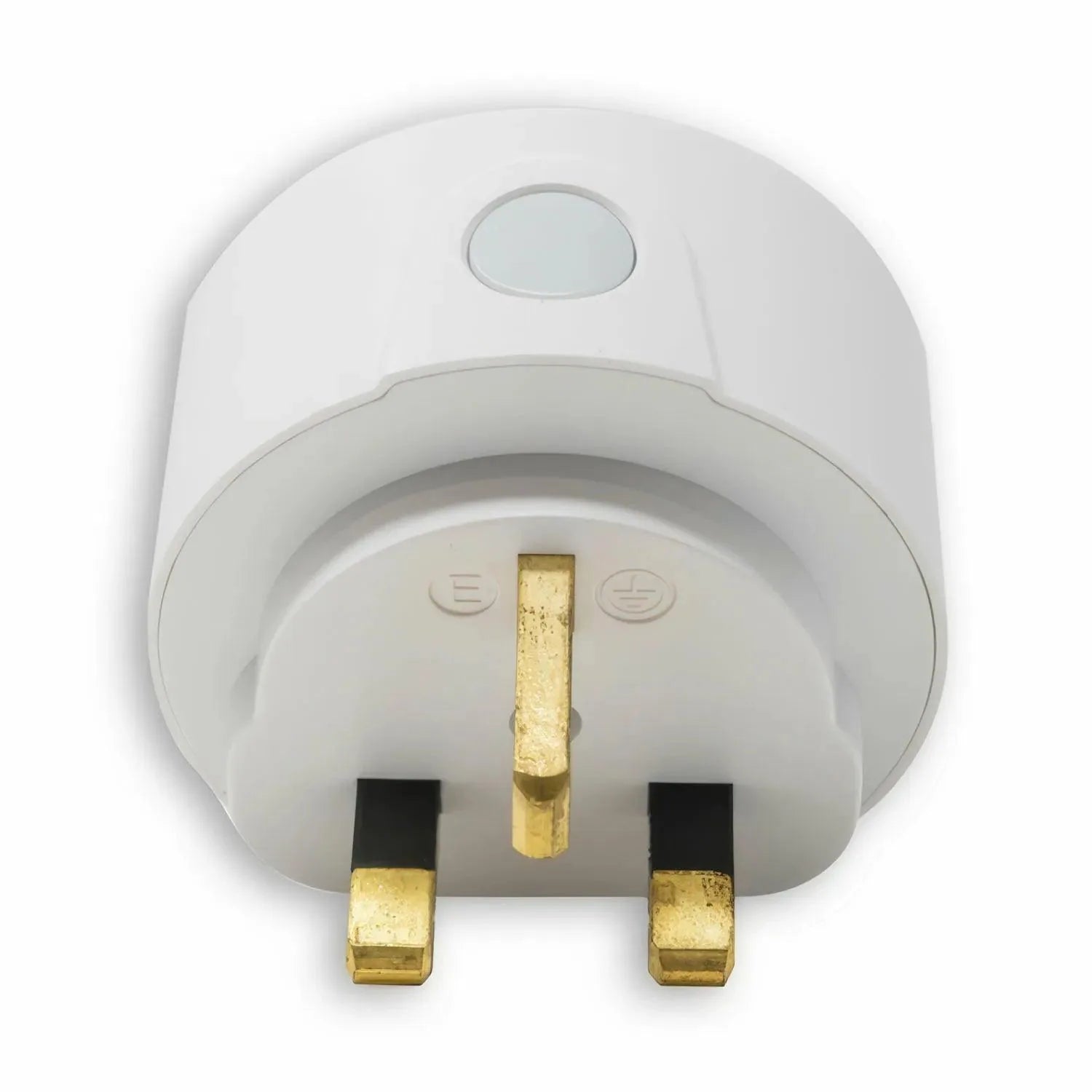 White plug adapter with three gold-plated prongs, front view product shot.