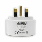 UNI-COM wireless remote control socket showing brass pins and white cylindrical base with specifications and CE marking label