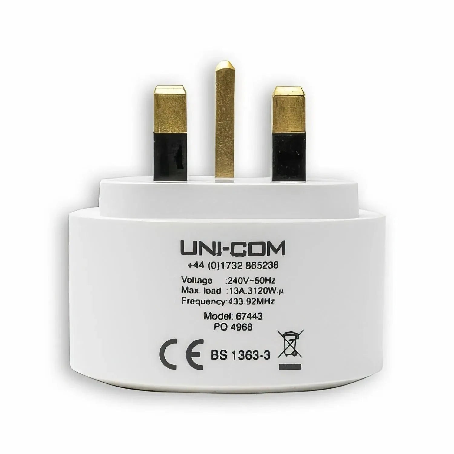 UNI-COM wireless remote control socket showing brass pins and white cylindrical base with specifications and CE marking label