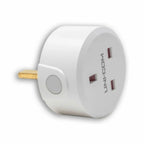 White cylindrical remote control socket with three outlet slots and button, gold plug visible on side.