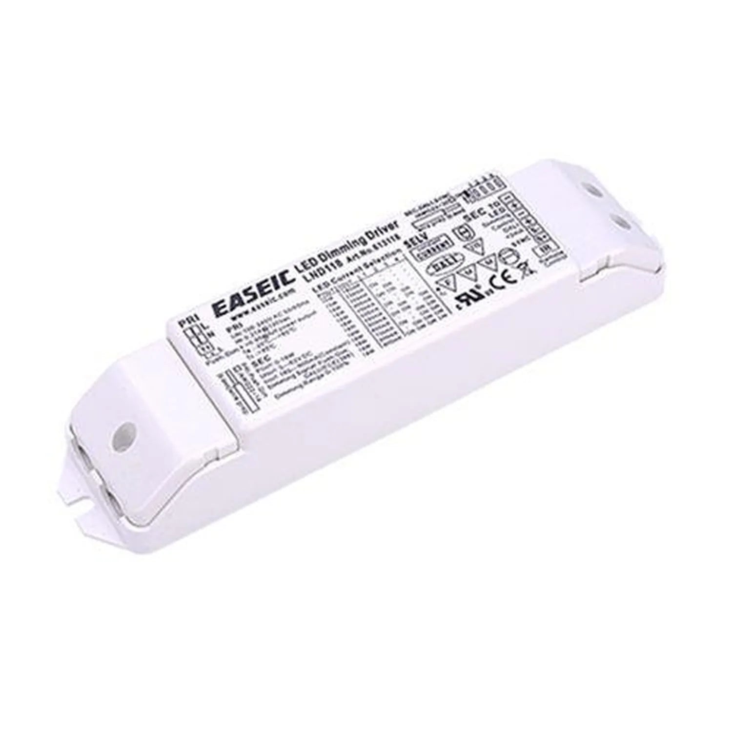 White rectangular LED driver with technical specifications label visible on top surface, showing EASEIC branding and certific